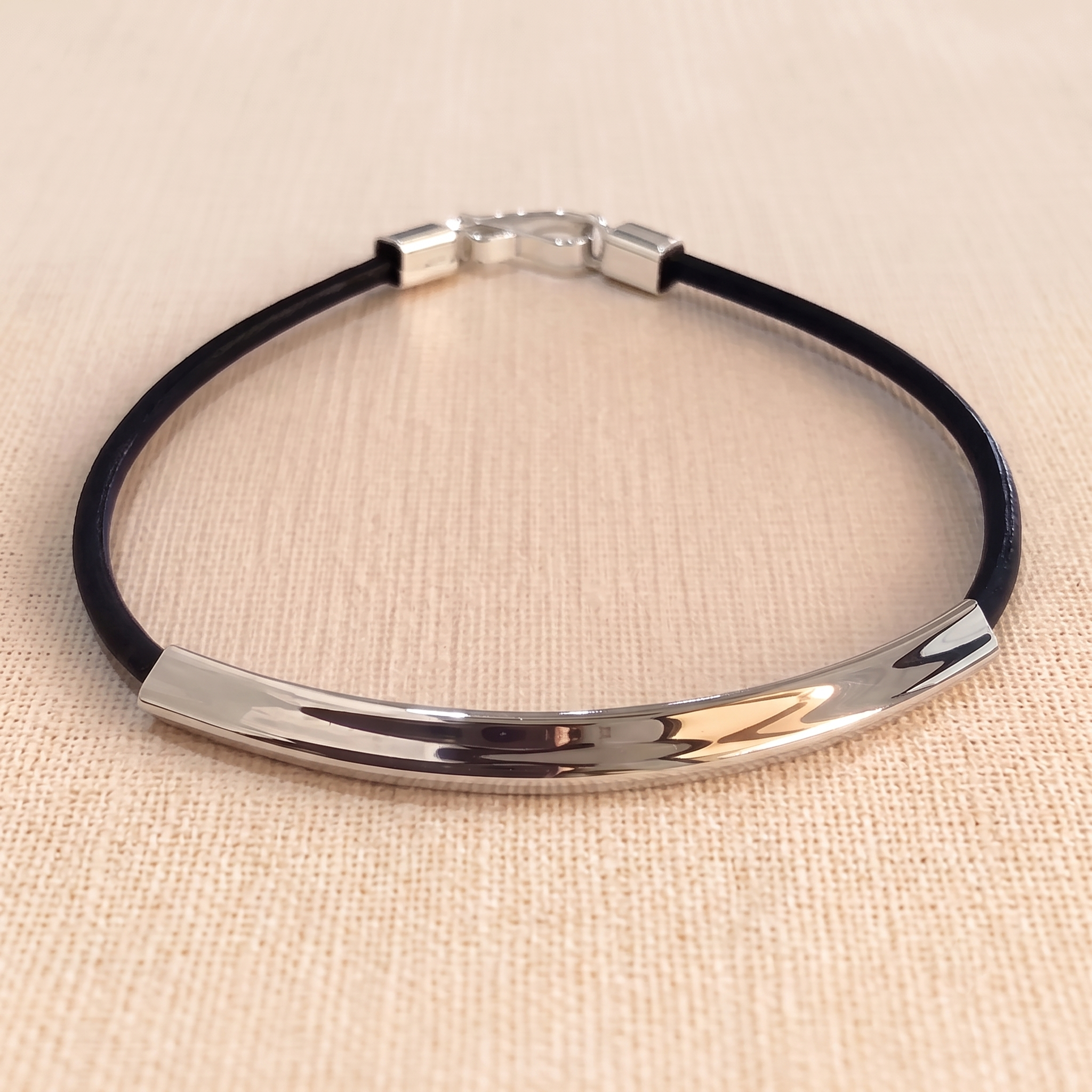 The Core Square-Bar .925 Silver & Slim Leather Bracelet – Onyx Black Edition
